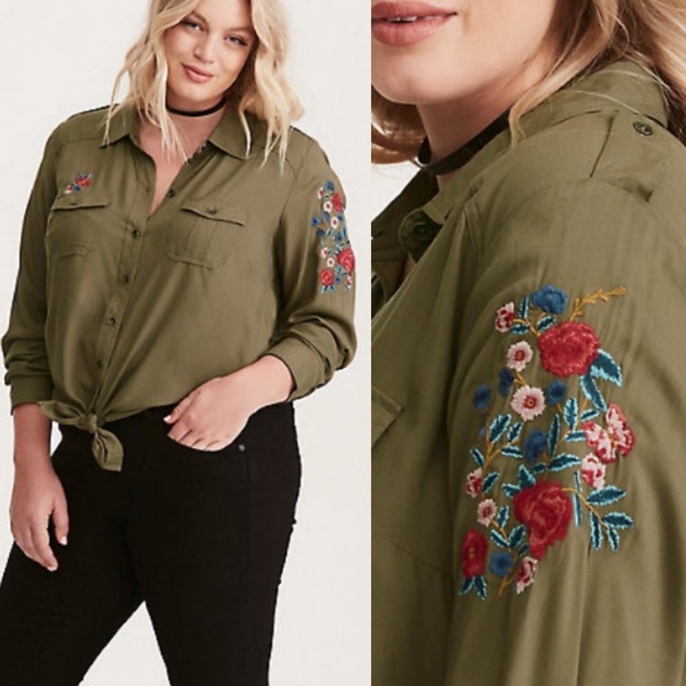Torrid Army Green Twill Shirt Floral Embroidery Size 1X Bohemian Shirt Boho Top
